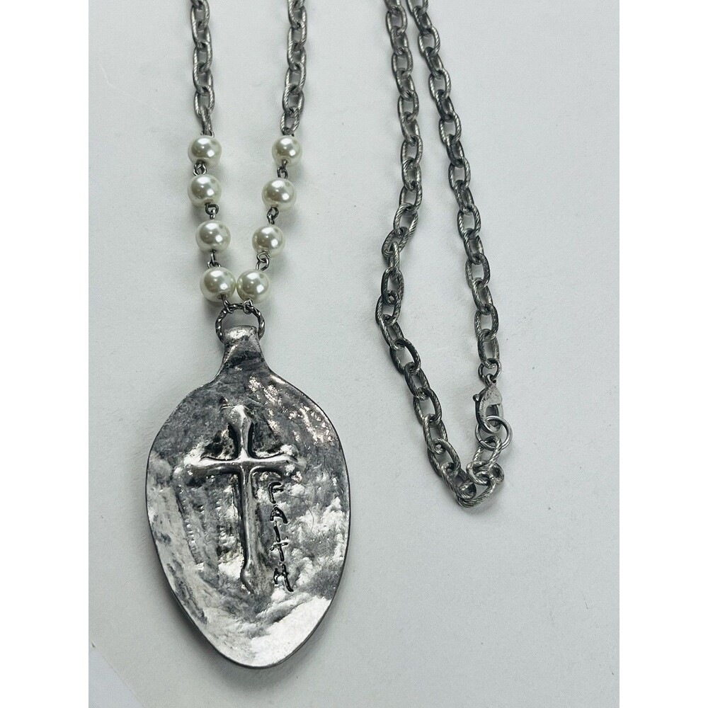 SPOON “FAITH” CROSS NECKLACE Silver Fashion Faux Pearls Link Chain Heavy Burnish